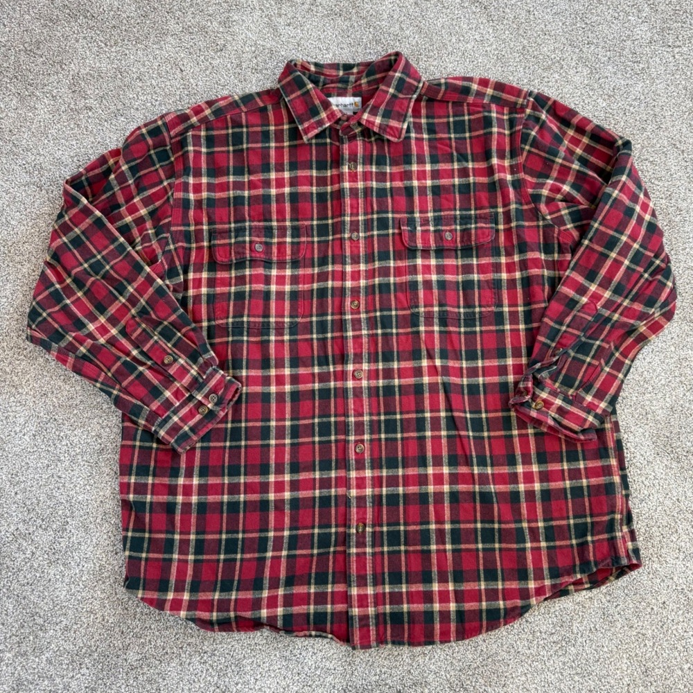 Carhartt Mens 2XL Red Black Plaid Flannel Long Sleeve Button Down Work Shirt